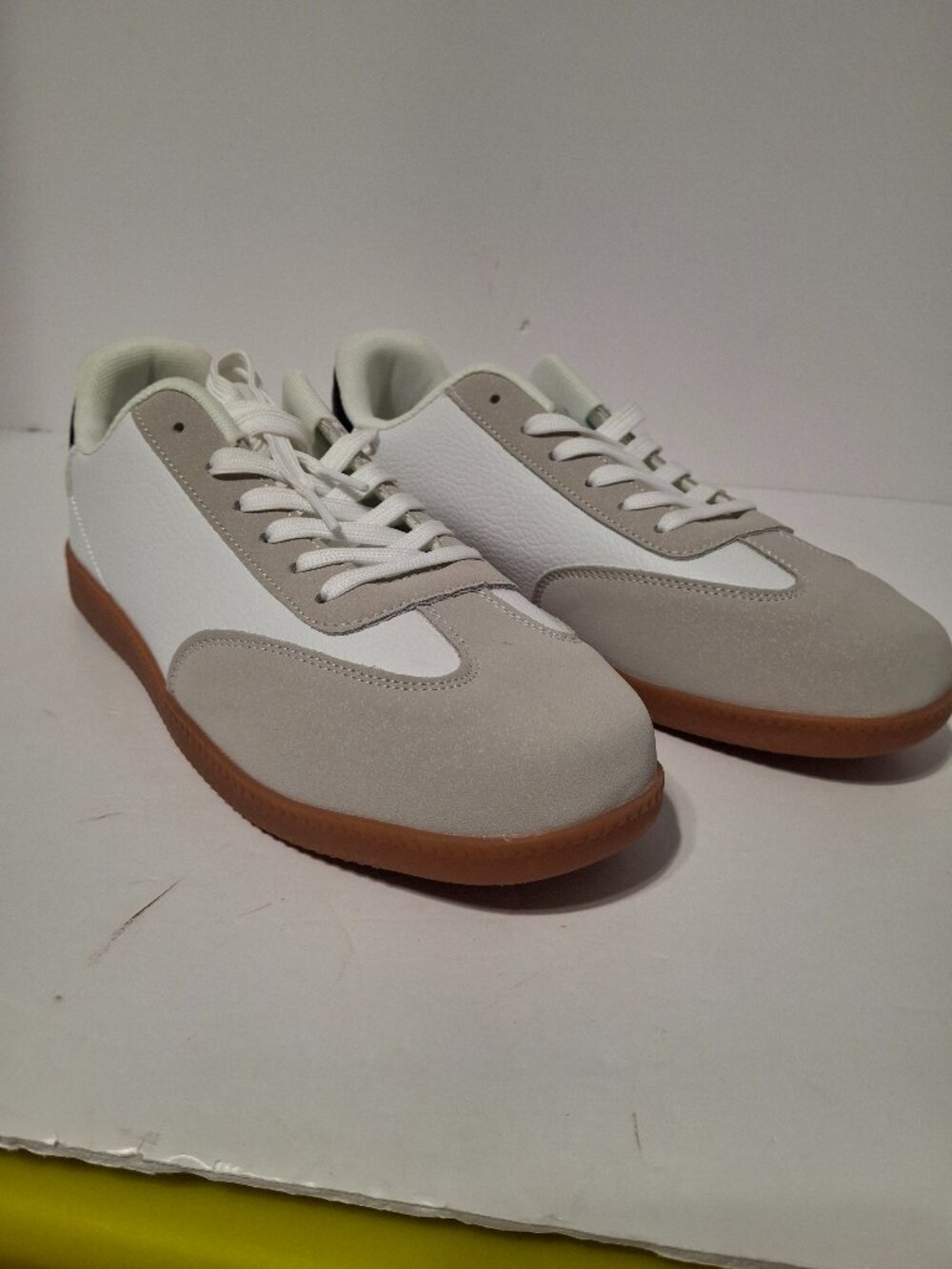 White Taupe Faux Suede Retro Low Top Sneakers Gum Sole EU 44 approx w sz 11
